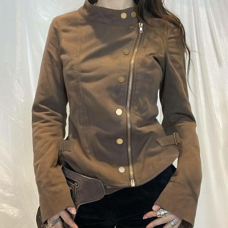 Long Sleeve Stand Collar Plain Zip-Up Cargo Jacket Product Image