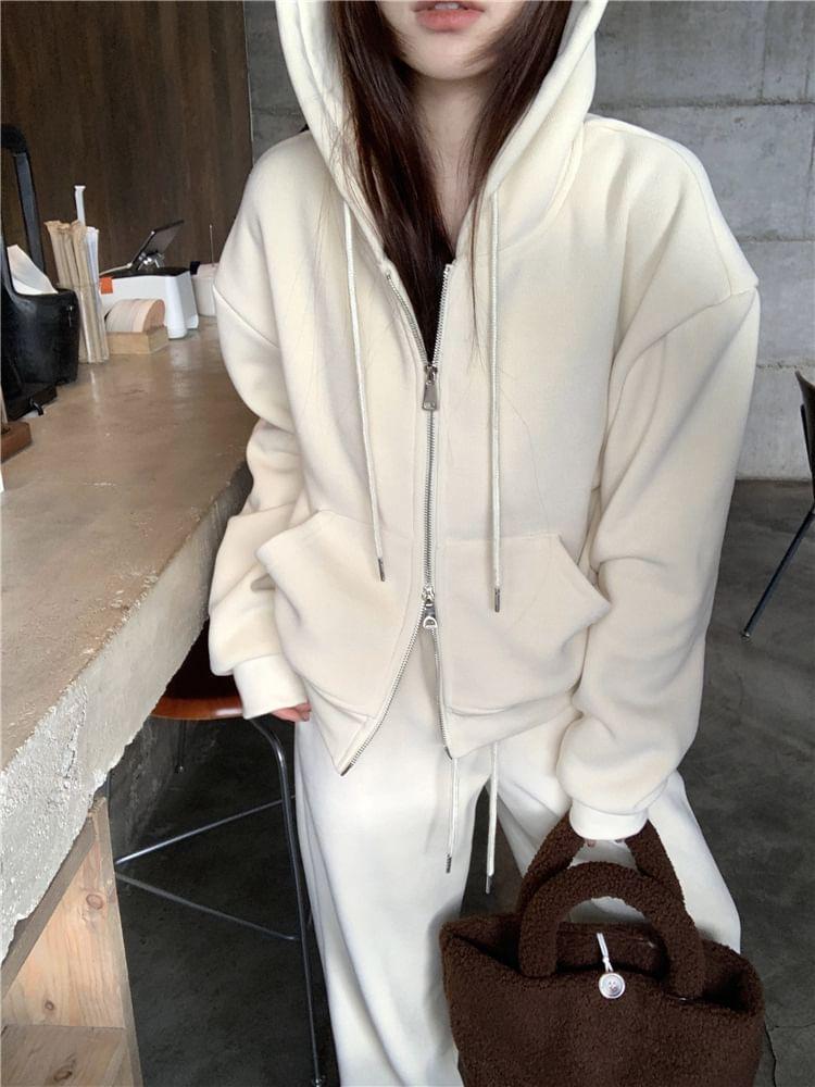 Plain Zip-Up Hoodie / Drawstring Waist Wide Leg Sweatpants Product Image