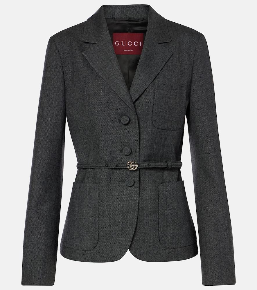 Double G Belted Wool Grisaille Blazer In Gray Product Image