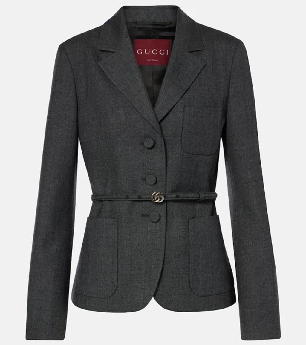 Double G Belted Wool Grisaille Blazer In Gray Product Image