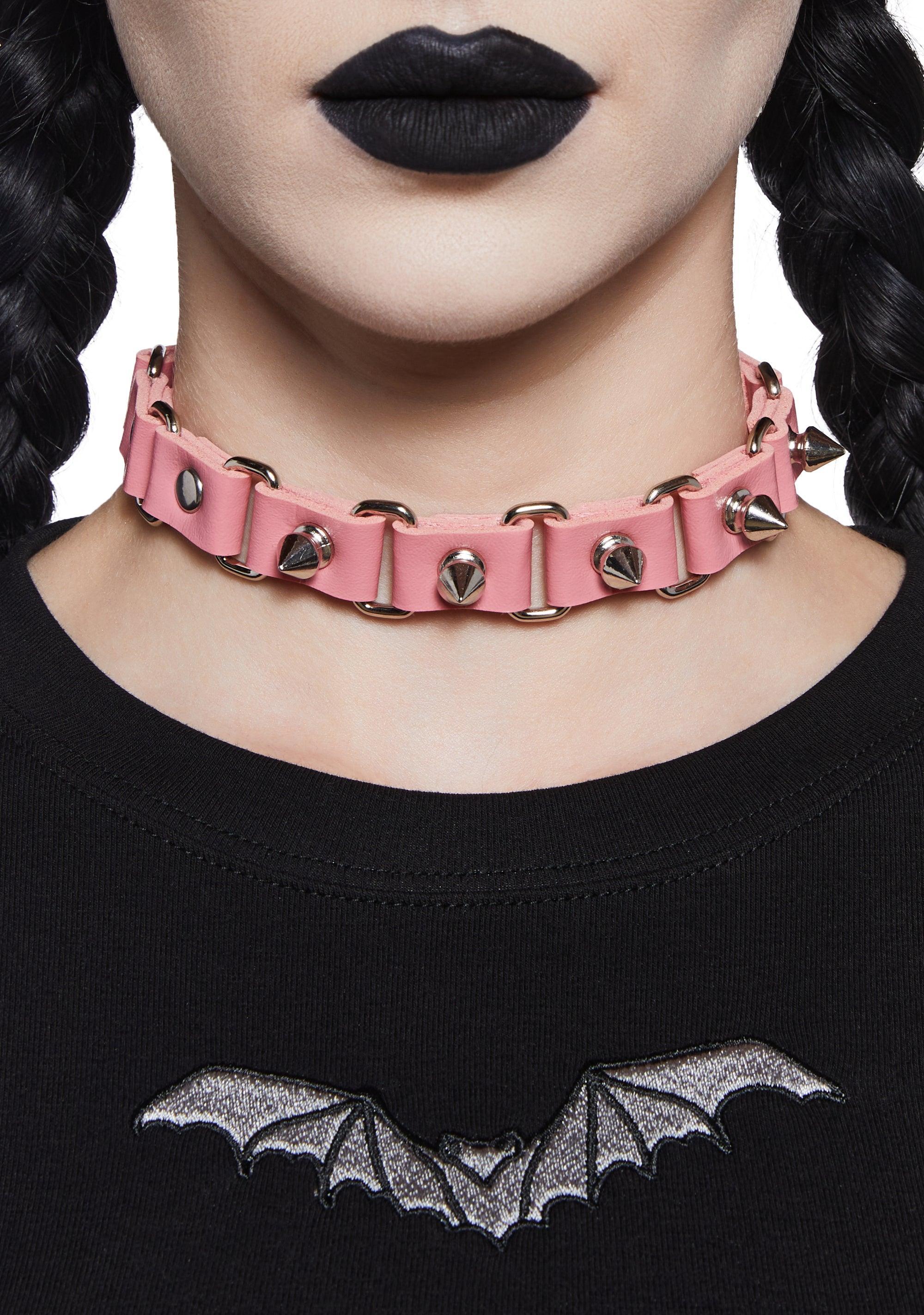 Womens Vegan Leather Spiked Choker Necklace - Pink Product Image