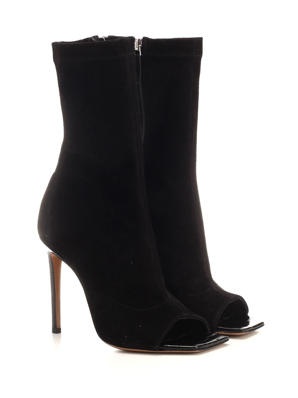 Amanda Stretch Suede Open-toe Booties In Off Black Product Image