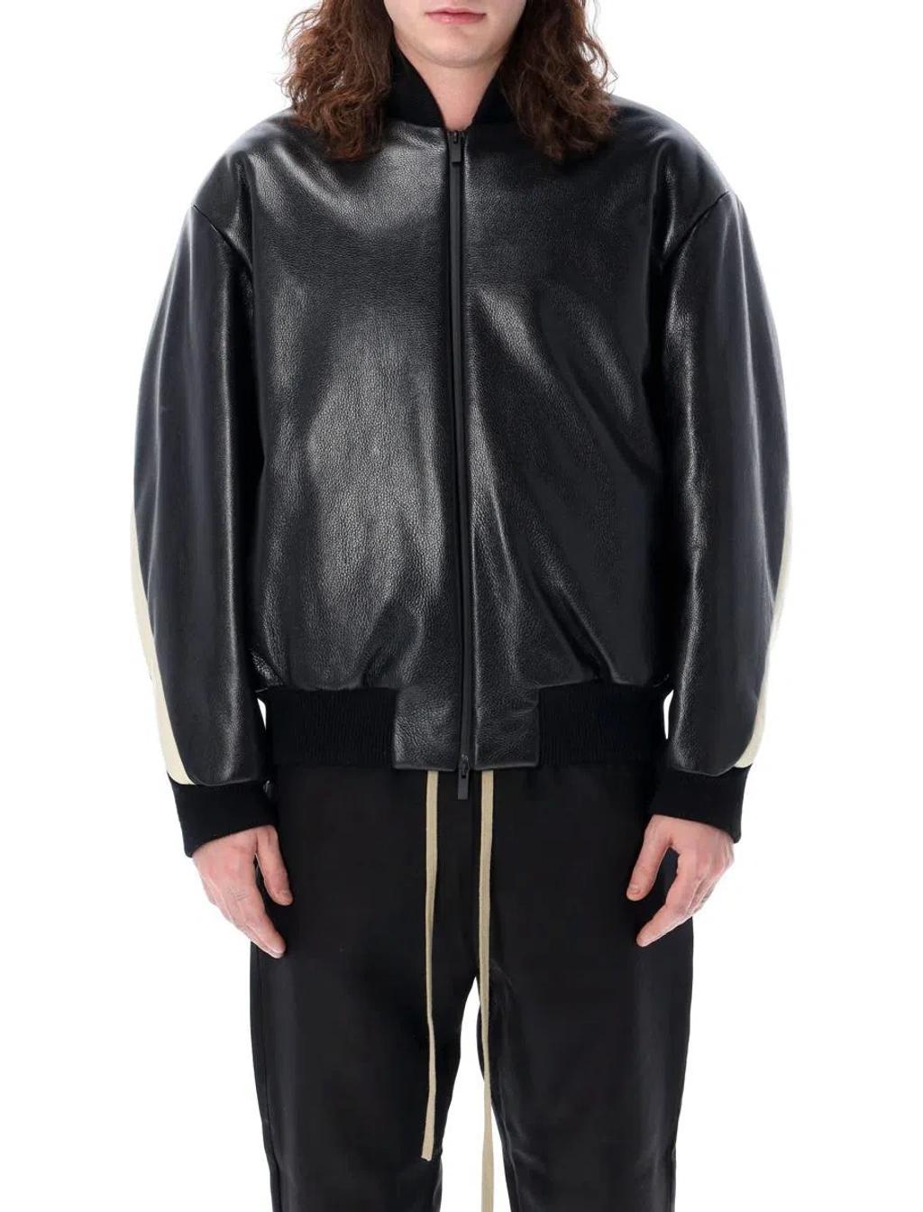 Leather Moto Stripe Bomber Jacket In Black Product Image