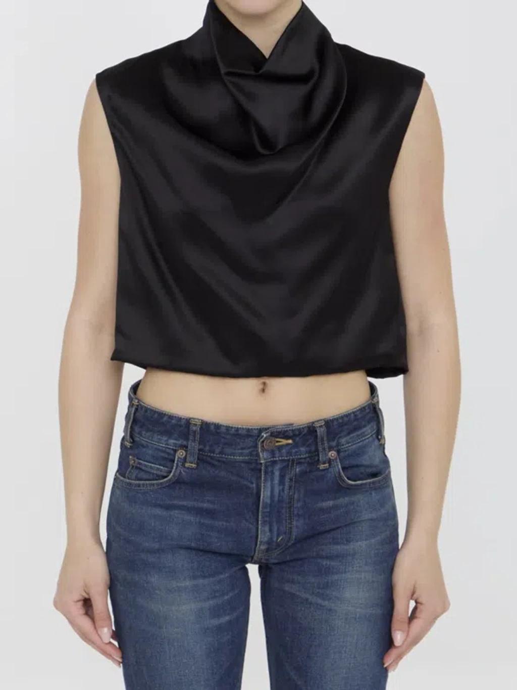 SAINT LAURENT Satin Cropped Top Tops Black Product Image