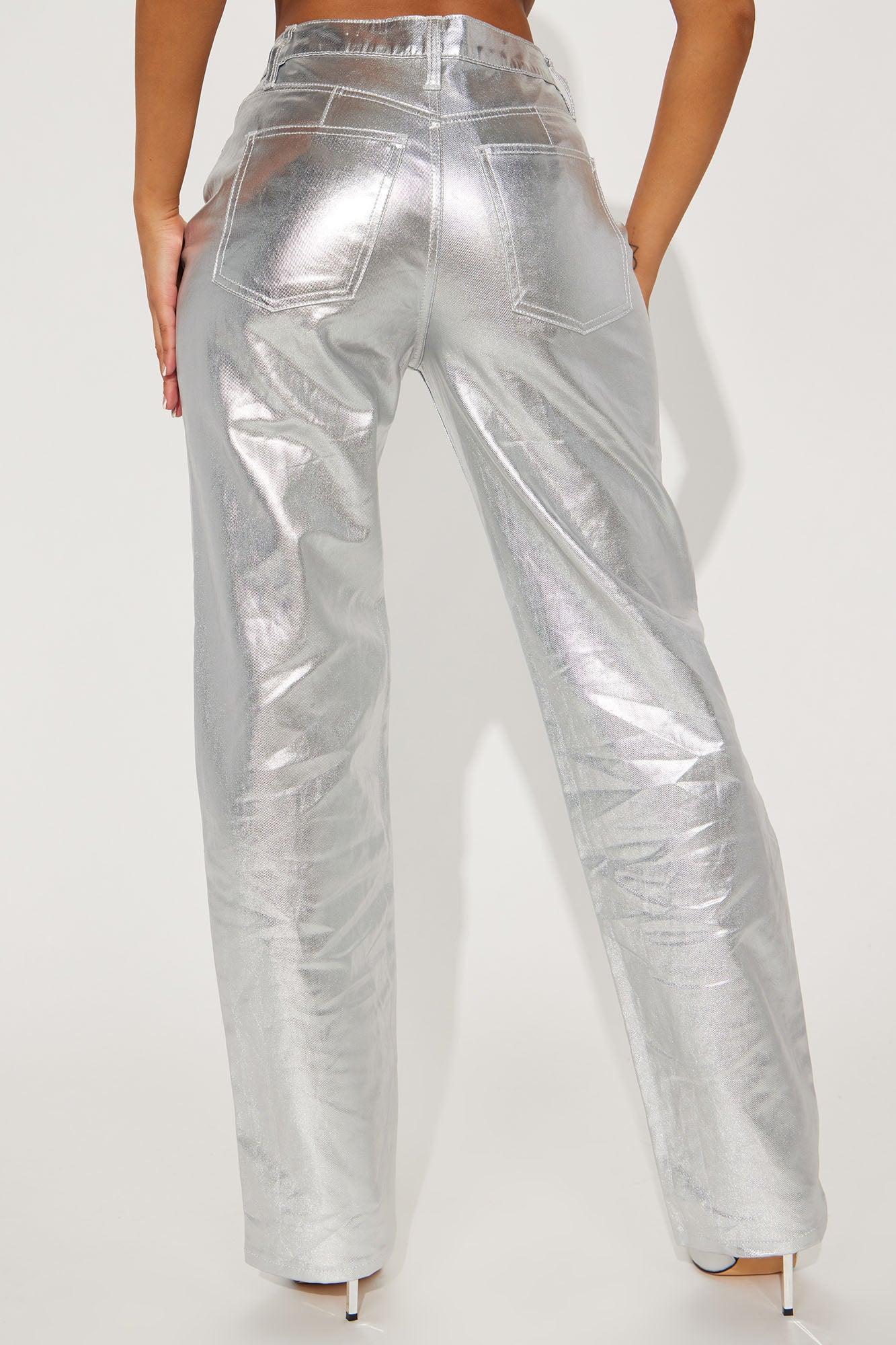 Felt A Spark Metallic Straight Leg Pants - Silver Product Image