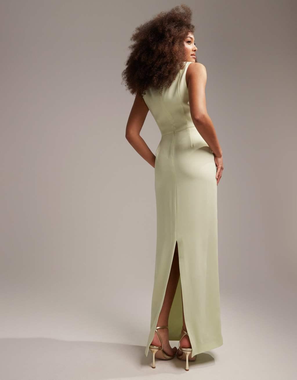 ASOS DESIGN Bridesmaids clean square neck crepe maxi dress with split in soft green Product Image