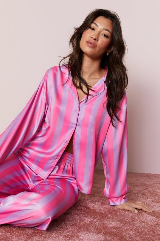 Satin Oversized Stripe Pajama Pants Set Product Image