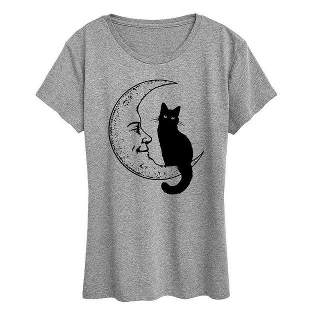 Womens Black Cat On Moon Graphic Tee Grey Gray Product Image