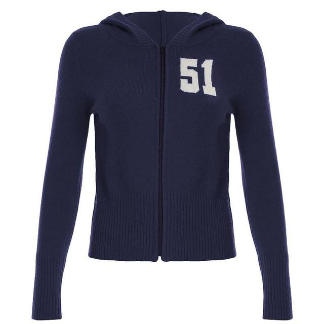 Collared Numbering Knitted Zip Up Cardigan Product Image