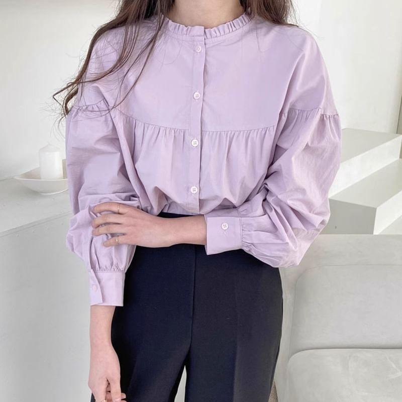 Long-Sleeve Round Neck Plain Frill Trim Blouse Product Image