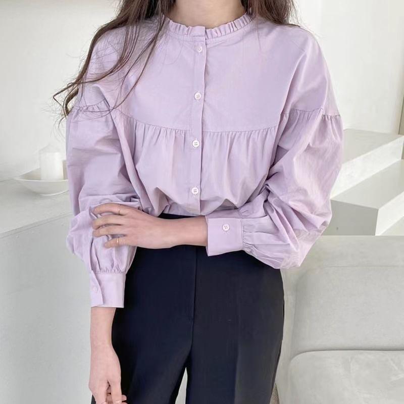 Long-Sleeve Round Neck Plain Frill Trim Blouse Product Image