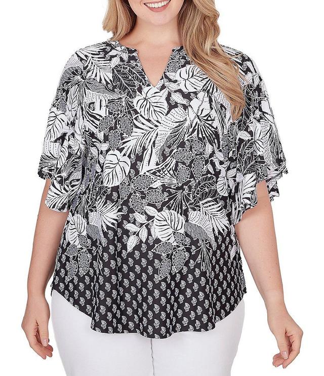 Ruby Rd. Plus Size Tropical Floral Border Print Split V-Neck Short Flutter Sleeve Coordinating Knit Top Product Image