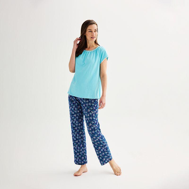 Womens Croft & Barrow Lace-Trim Pajama Top & Pajama Pants Set Blue Product Image