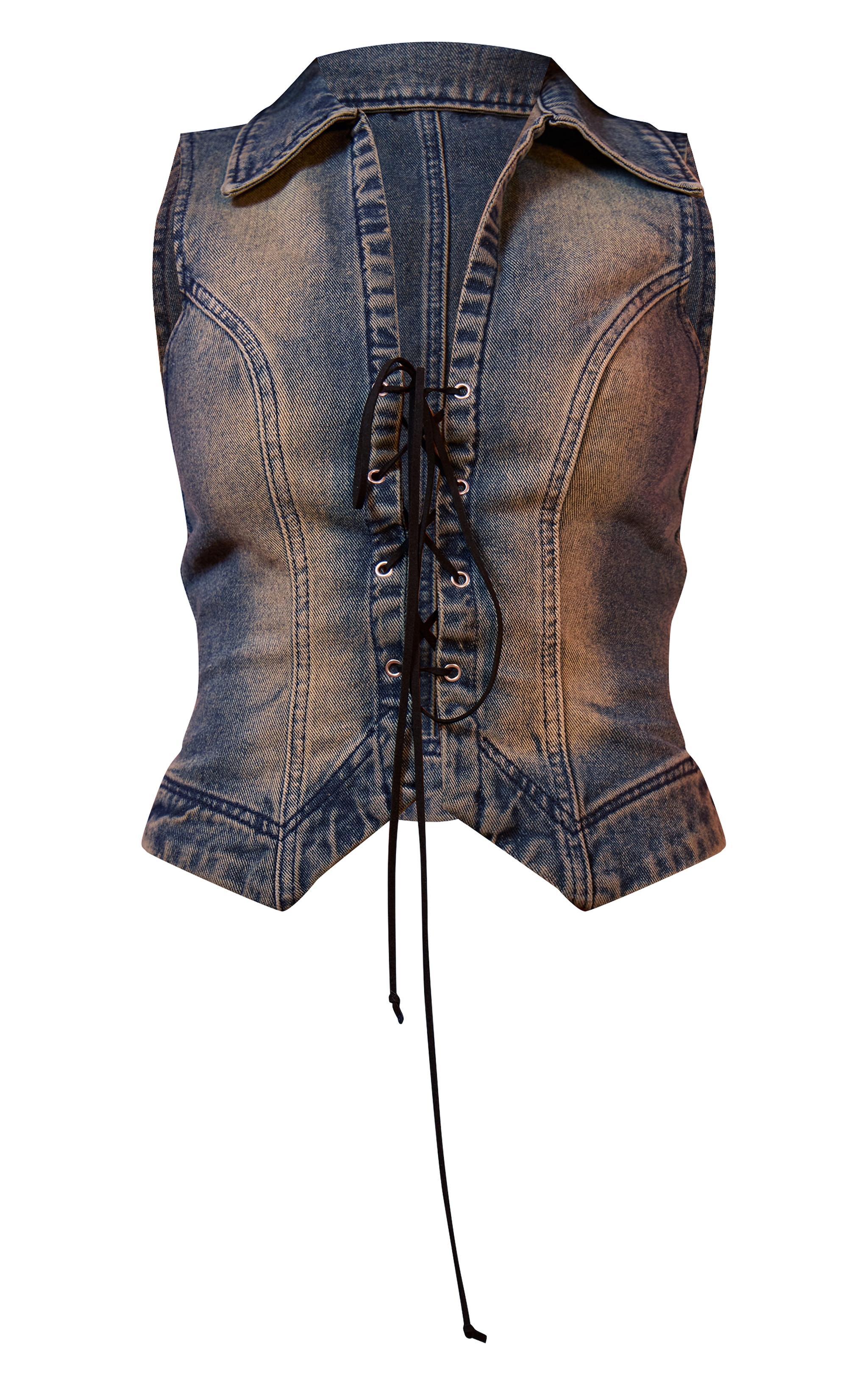 Blue Vintage Wash Front Lace Seam Detail Denim Vest Product Image