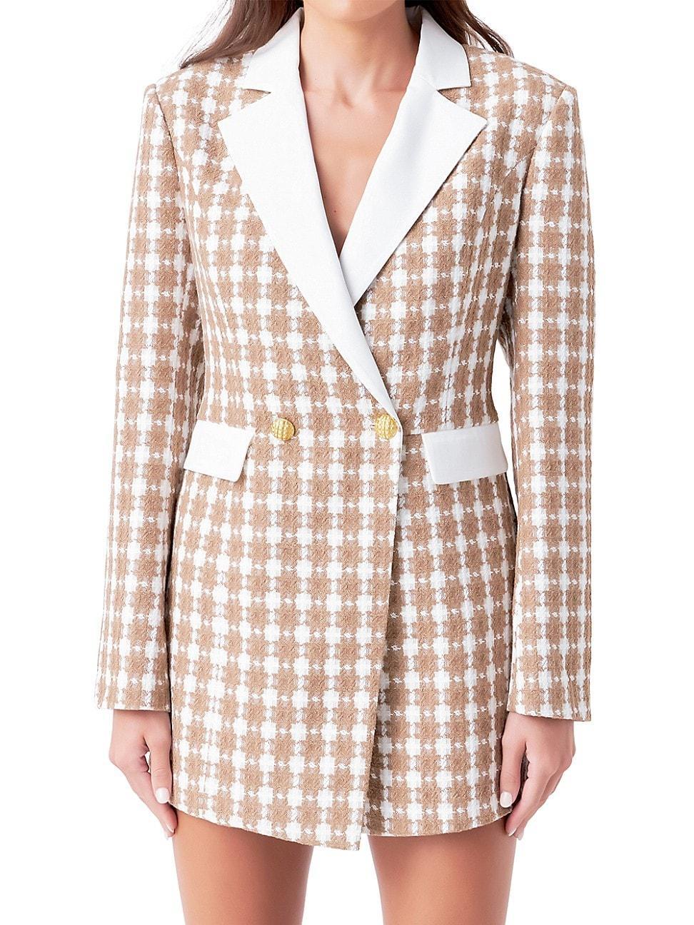 Womens Houndstooth Blazer Romper - Beige Product Image