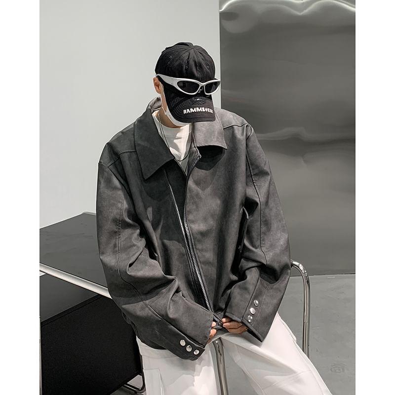 Lapel Collar Plain Zip Up Faux Leather Jacket Product Image