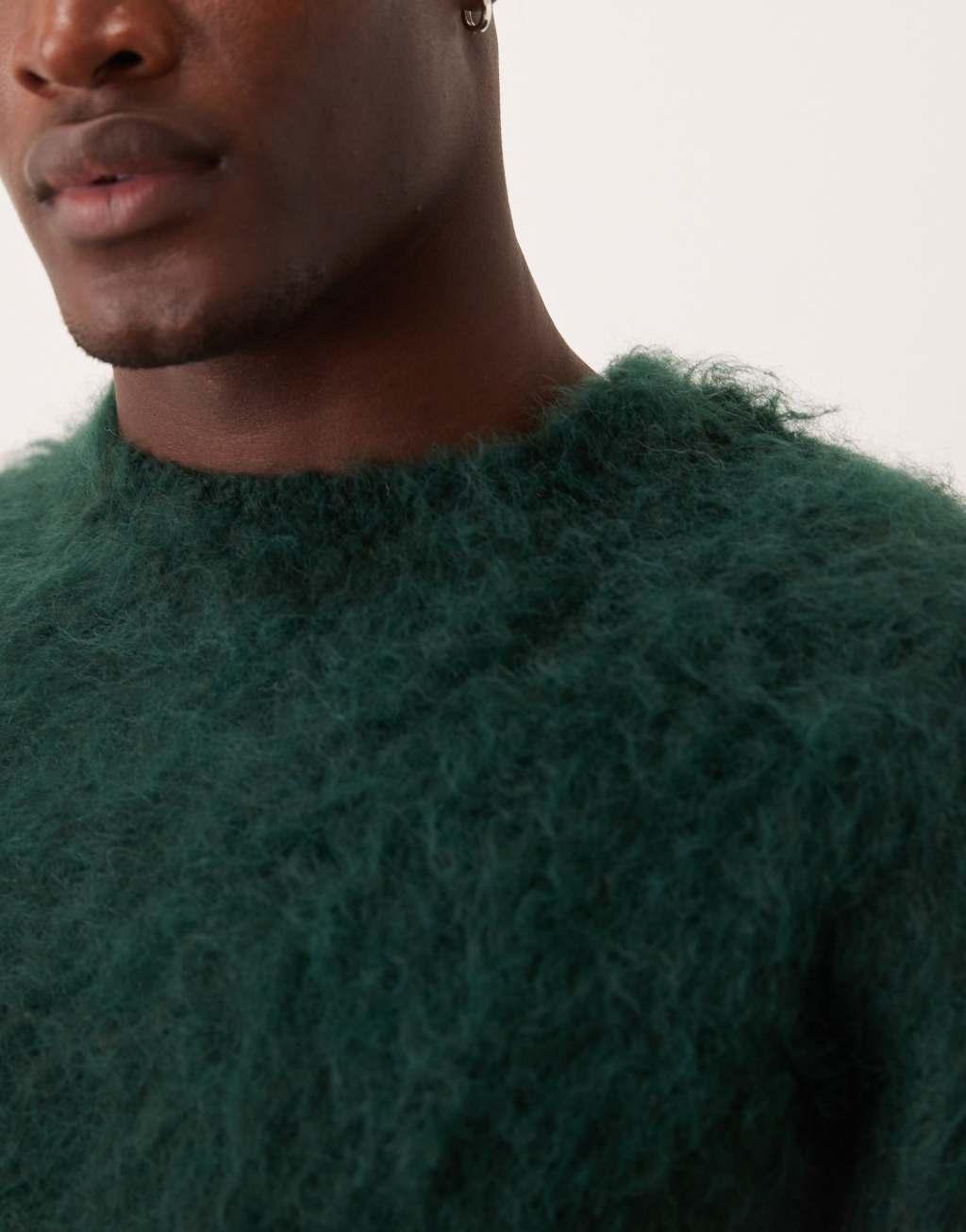 ASOS DESIGN knit fluffy sweater in dark green Product Image