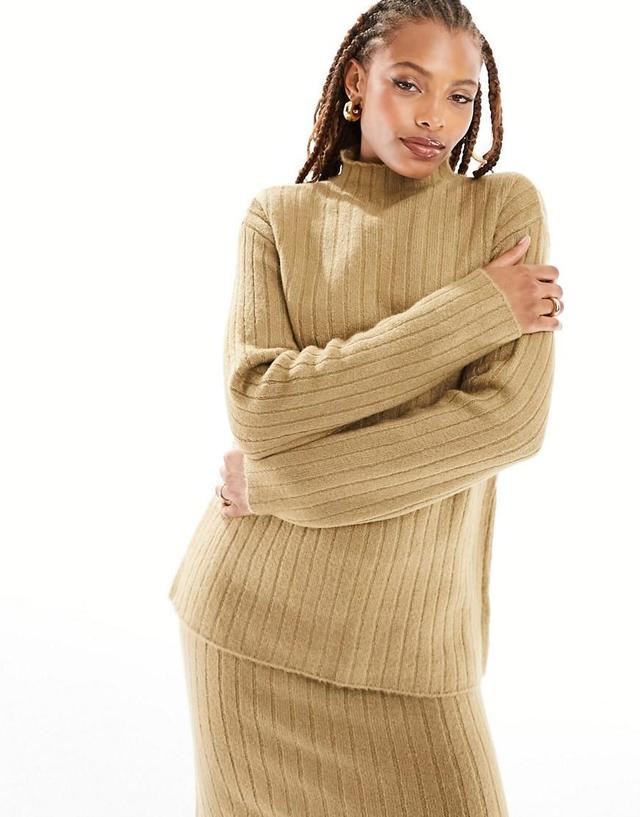 ASOS DESIGN oversized rib sweater with grown on neck in rib in camel - part of a set Product Image