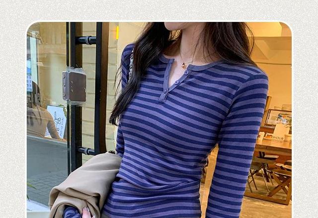 Long-Sleeve Henley Striped Slim Fit T-Shirt Product Image