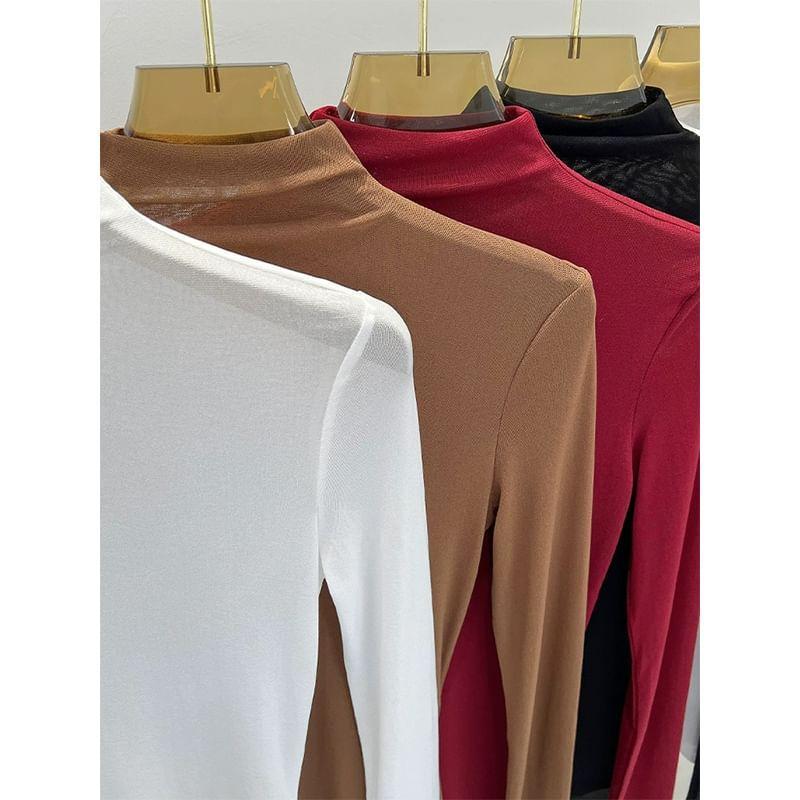 Long-Sleeve Mock Neck Plain Mesh Slim Fit Top Product Image