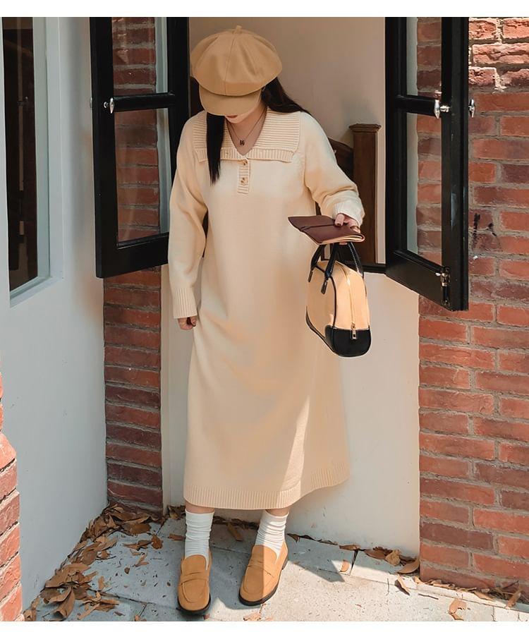 Long-Sleeve Polo-Neck Plain Midi Knit Dress Product Image