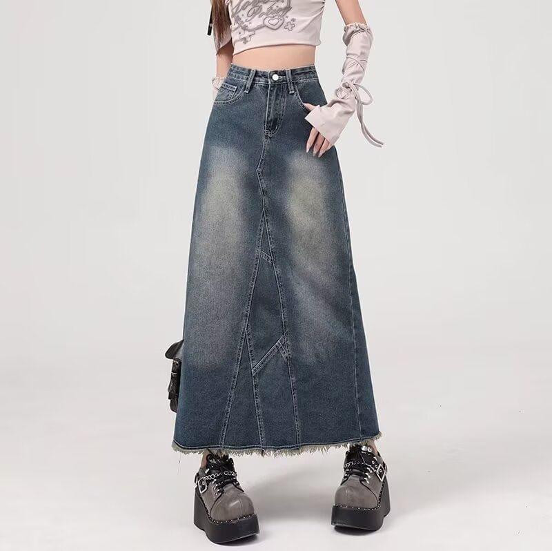 High Rise Fringed Slit Washed Denim Midi A-Line Skirt Product Image