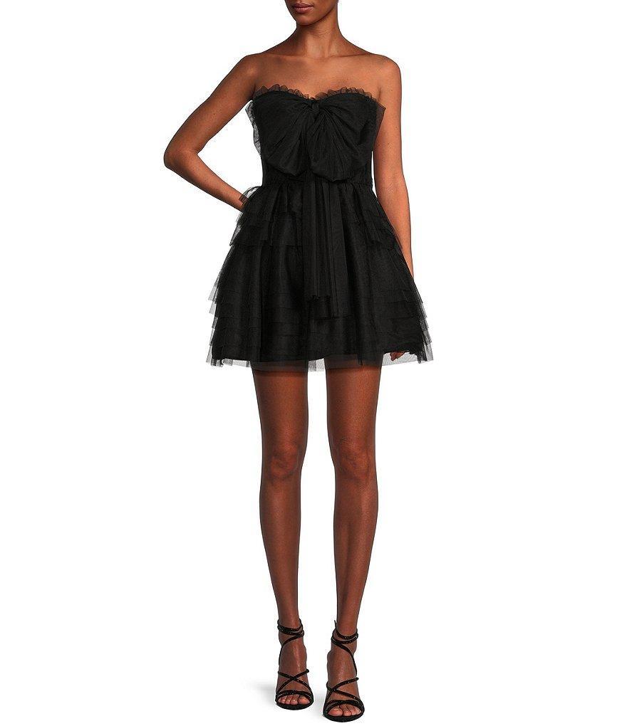 City Vibe Solid Strapless Bow Front Tiered Dress Product Image