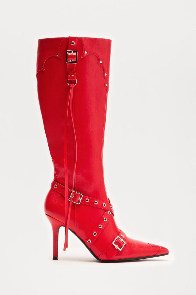 Fake Love Knee High Heeled Boots - Red Product Image