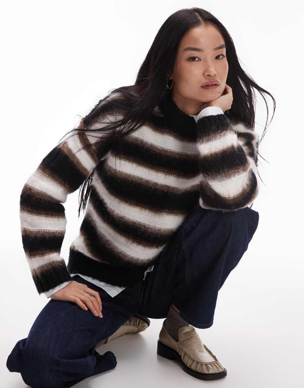 Topshop knitted neutral stripe oversized sweater in black and brown Product Image