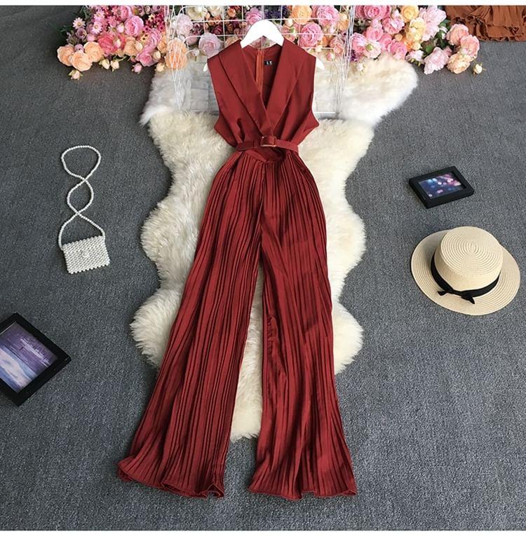 Sleeveless Plain Ribbed Belted Wide Leg Jumpsuit Product Image