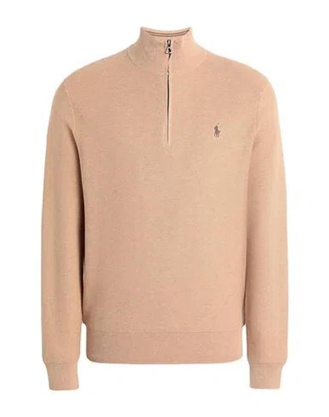 POLO RALPH LAUREN Mesh-knit Cotton Quarter-zip Sweater Man Turtleneck Camel Size L Cotton In Beige Product Image