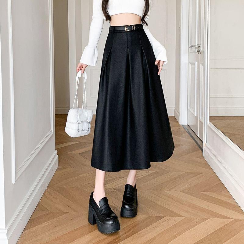 High Waist Plain Inverted Pleated Faux Leather Midi A-Line Skirt Product Image