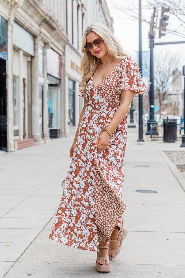 Know My Heart Brown Floral Contrast Flutter Sleeve Maxi Dress FINAL SALE Product Image