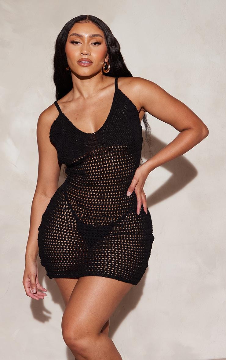 Shape Black Crochet Knit Strappy Mini Dress Product Image