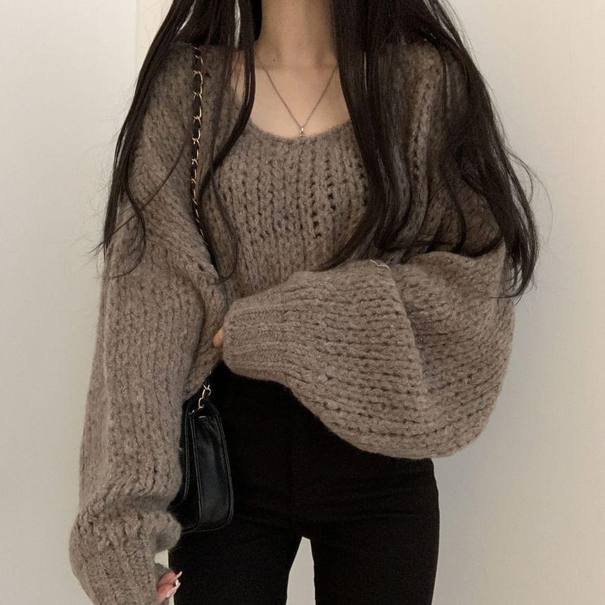 Puff-Sleeve Plain Chunky Knit Sweater Product Image