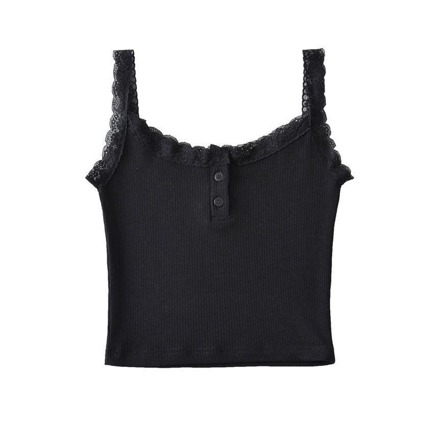 Henley Plain Lace Trim Crop Tank Top Product Image