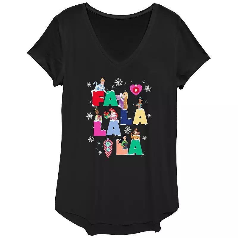 Disney Princess Cinderella, Rapunzel, Jasmine, Tiana, Ariel, Mulan & Belle Fa La La La Christmas Singing Womens Graphic Tee Product Image