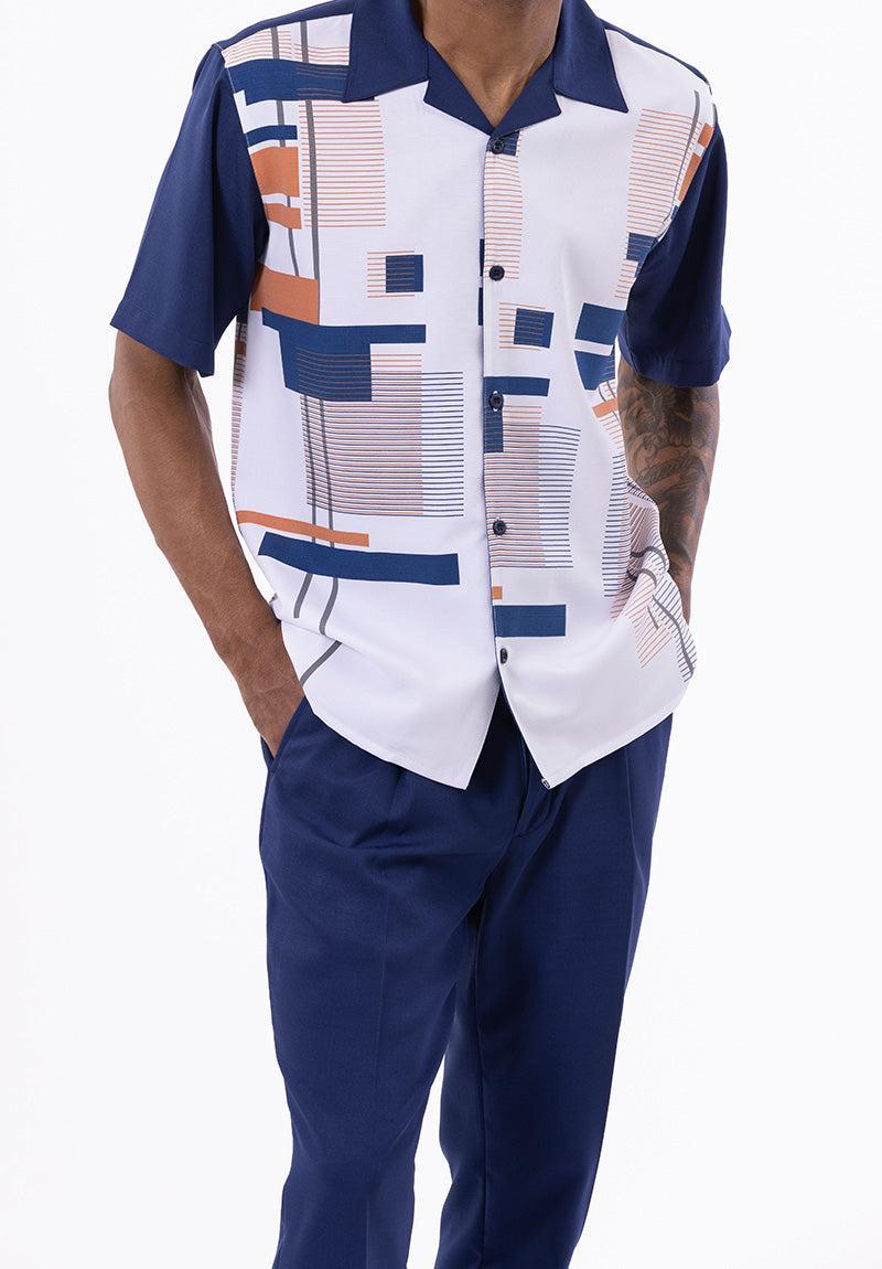 Navy Line Pattern Walking Suit 2 Piece Short Sleeve Set Product Image