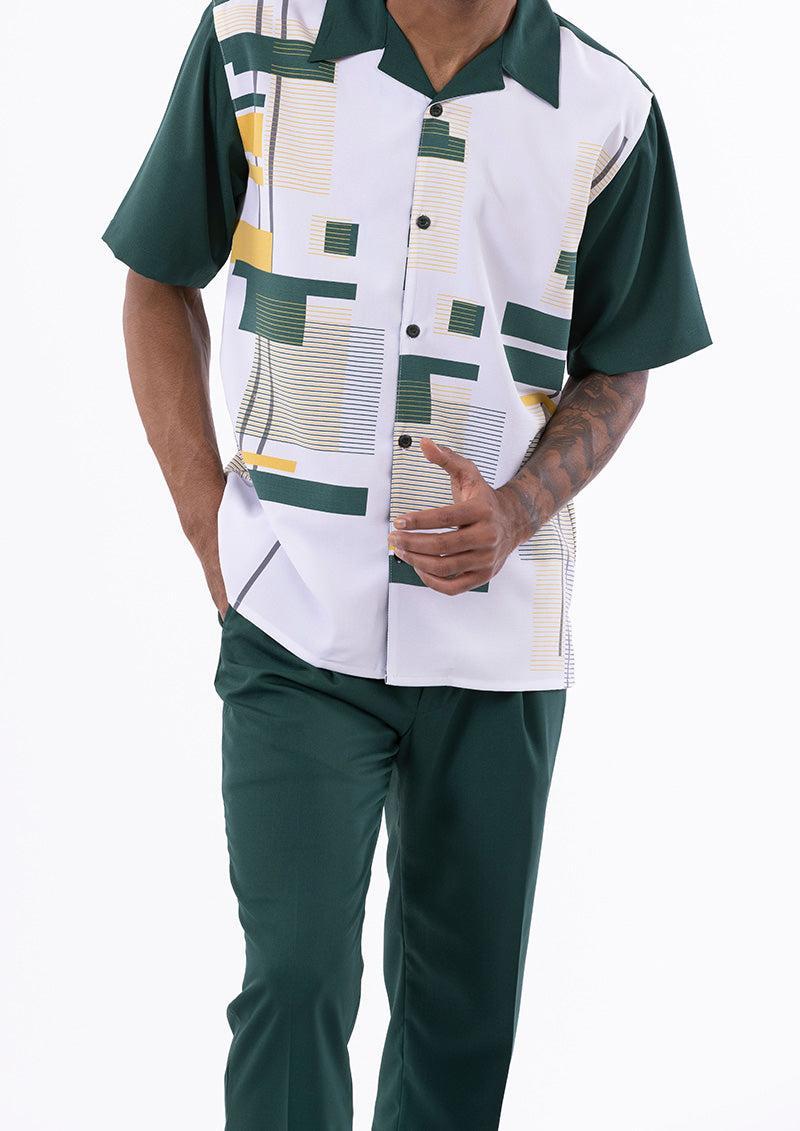 Emerald Green Line Pattern Walking Suit 2 Piece Short Sleeve Set Product Image