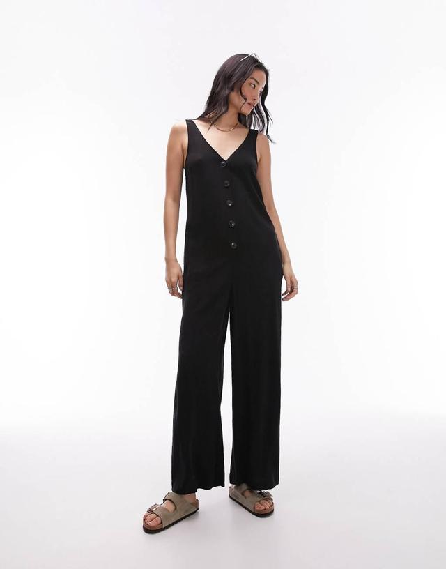 Topshop v neck button down knotted strap jumpsuit in black Product Image