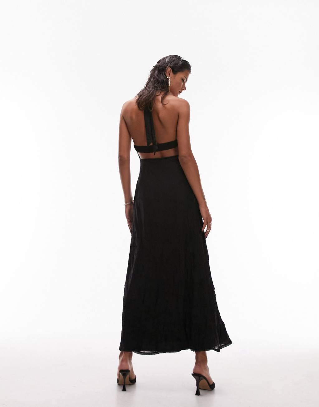 Topshop jersey textured mesh halter maxi dress in black Product Image