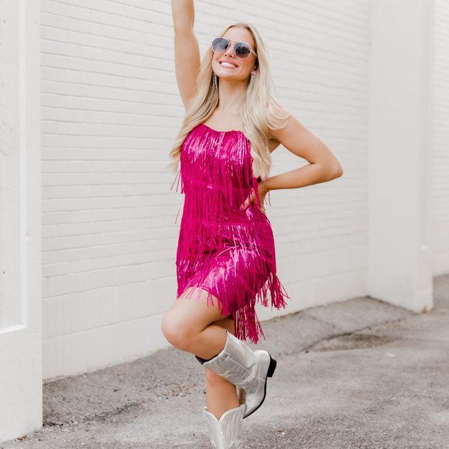 Just Ask Me Pink Sequin Fringe Tank Mini Dress FINAL SALE Product Image