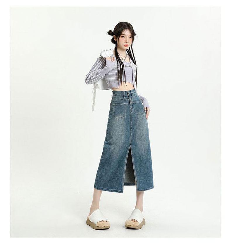 High Waist Front-Slit Denim Midi H-Line Skirt Product Image