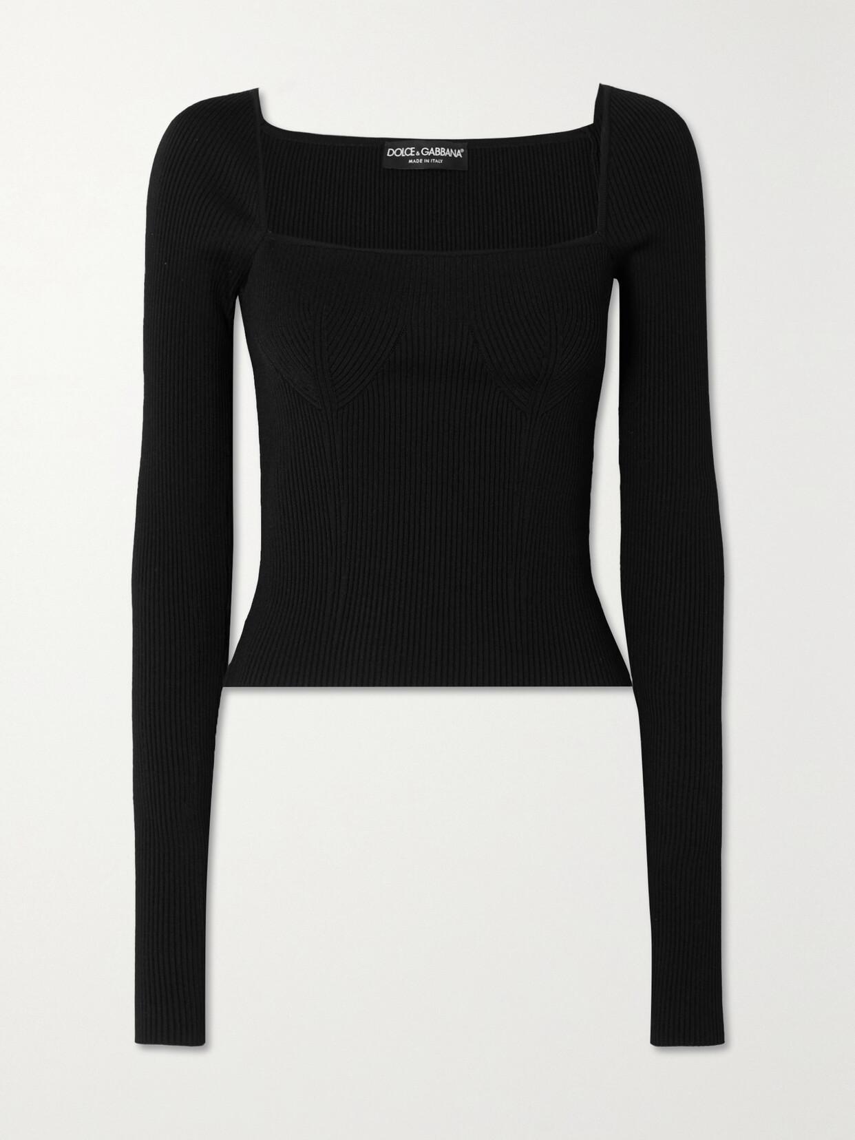 Ribbed-knit Square-neck Jumper In Black Product Image