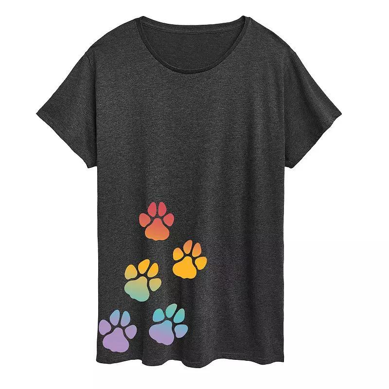 Plus Rainbow Paw Prints Graphic Tee, Womens Dark Grey Product Image