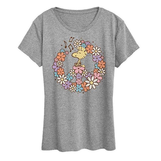 Womens Peanuts Woodstock Floral Peace Sign Graphic Tee Grey Gray Product Image