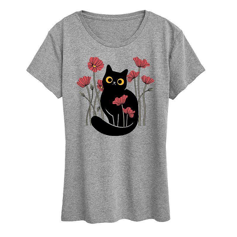 Womens Cat And Poppies Graphic Tee, Girls Grey Gray Product Image