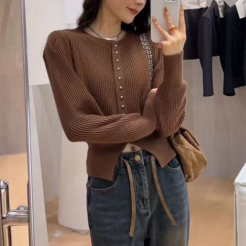 Long-Sleeve Round Neck Plain Ribbed Button Knit Top Product Image