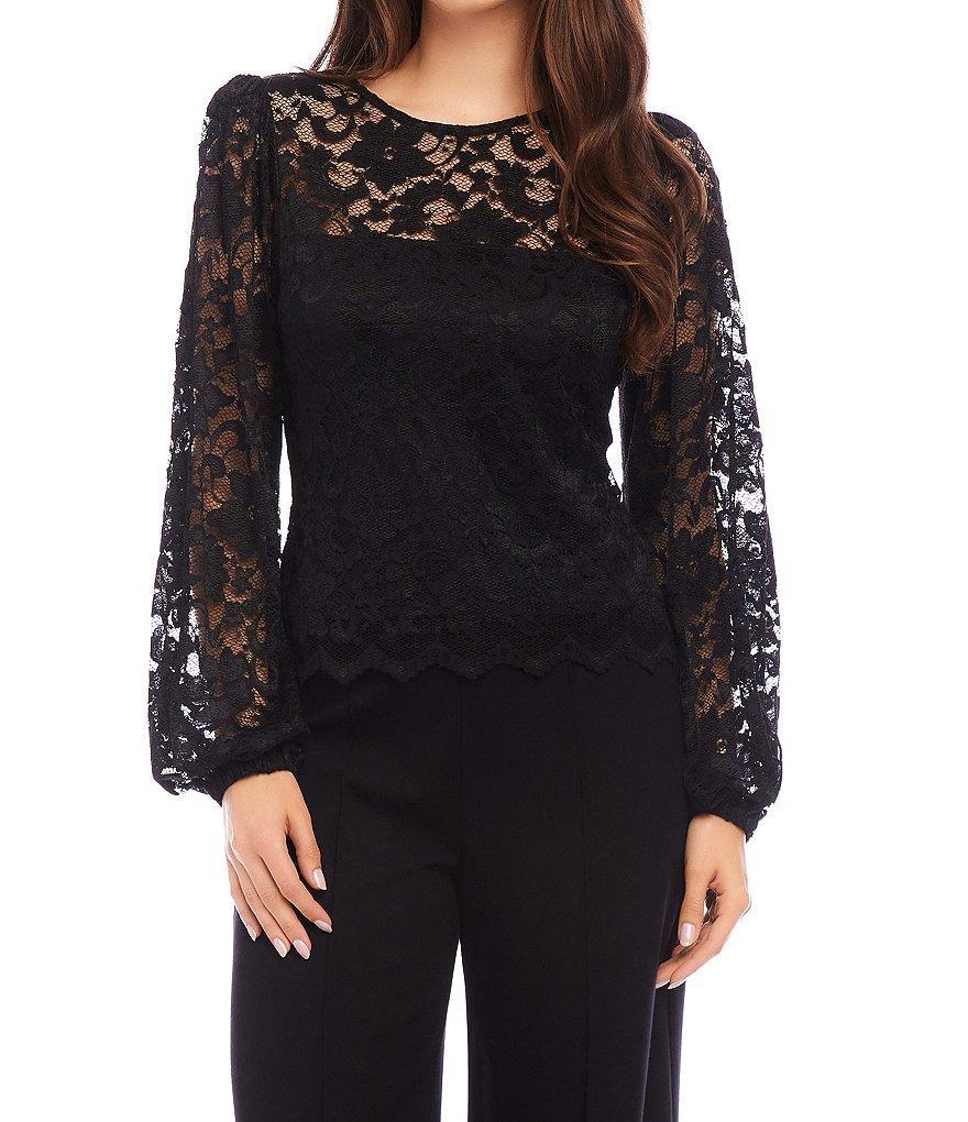 Karen Kane Stretch Lace Crew Neckline Long Blouson Sleeve Top Product Image