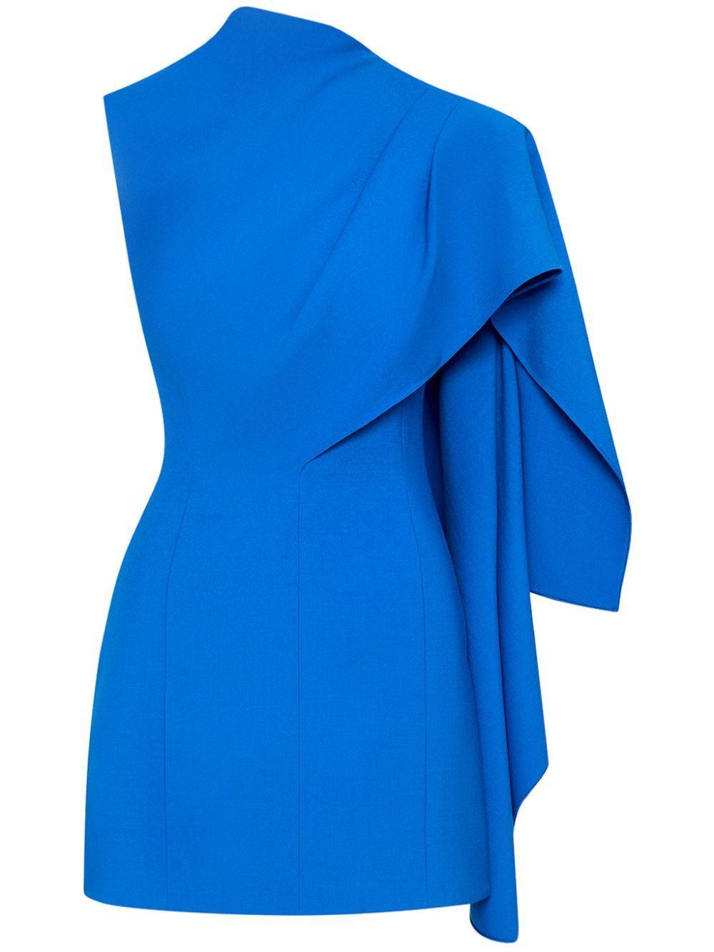 OSCAR DE LA RENTA One Shoulder Cape Detail  Stretch Wool Dress In Lapis Product Image